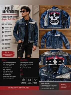 Studded Denim Jacket w/Graphic Skull Patch Streetwear🔥 PRICE DROP READY TO SELL
